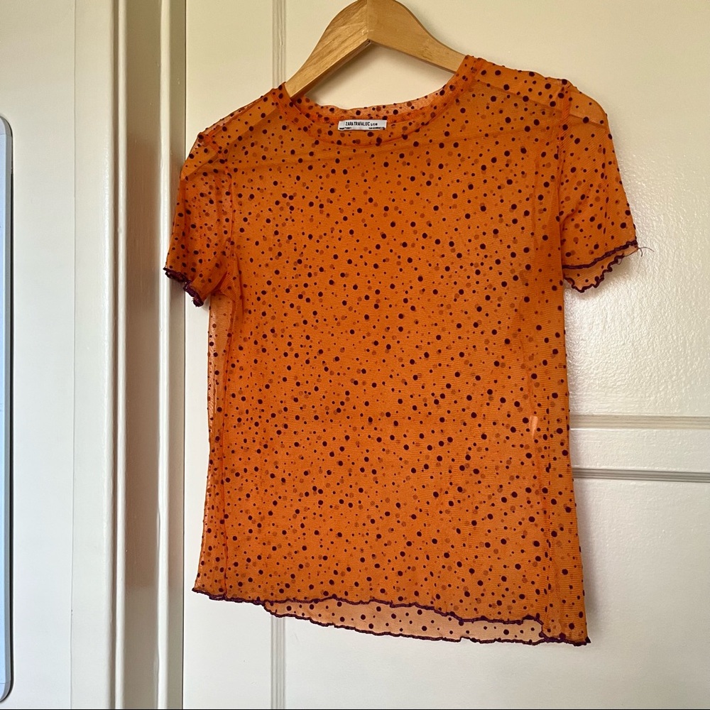 Zara Orange Purple Polka Dot Mesh Shirt